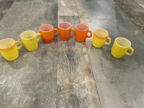 7 Vtg Anchor Hocking Fire King 3 Orange 4 Yellow Glass Coffee Cup Mug Set