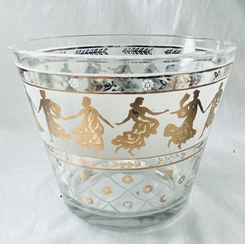 Vintage Mid Century Glas Eiskübel mit goldenen griechischen Figuren & Gitter Design