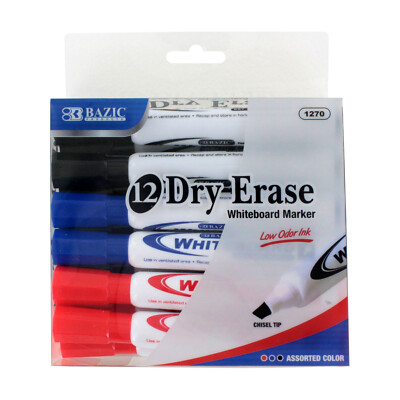 Bazic Low Odor Dry-Erase Whiteboard Markers, Chisel Tip, Assorted, 12-Count