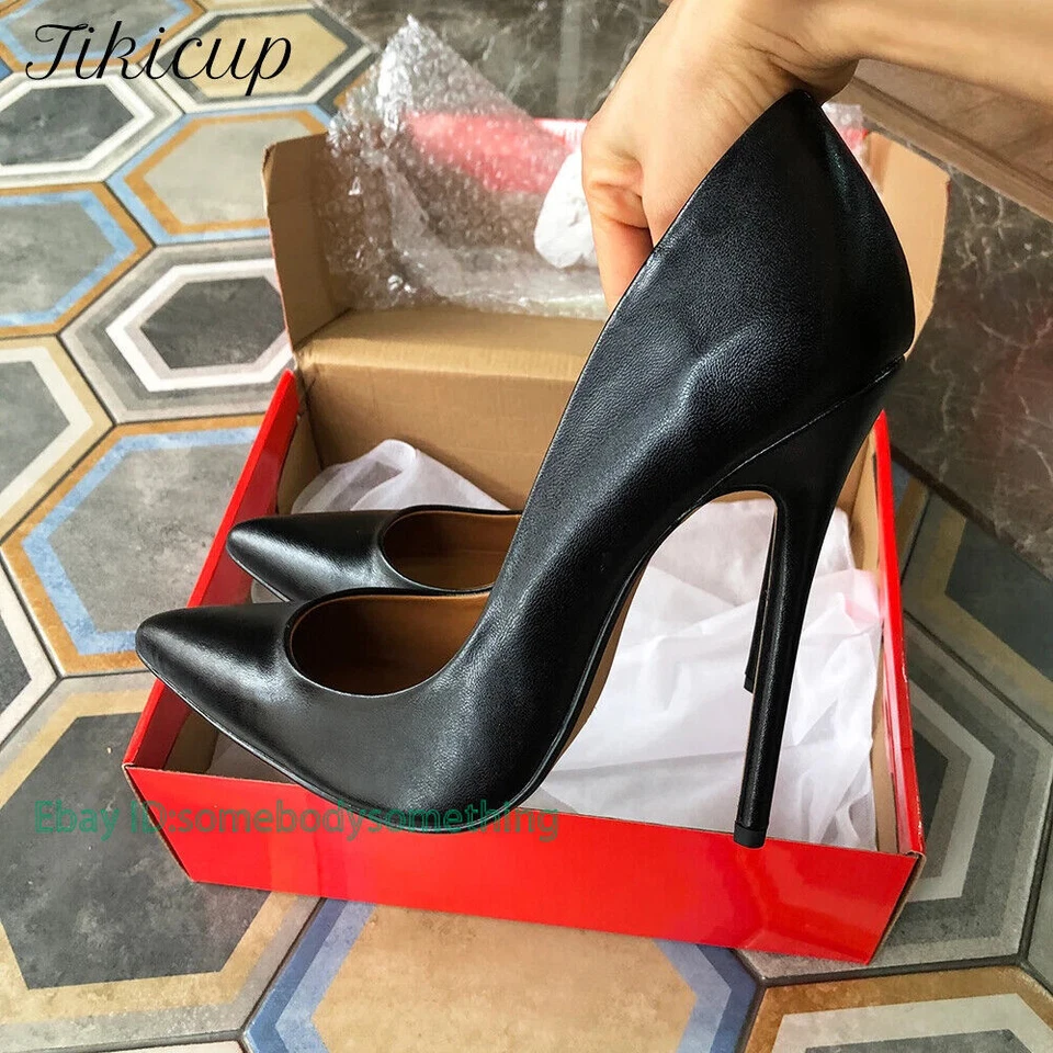 Sandalias sin cordones negras lisas de 15 cm de tacón extremadamente alto punta puntiaguda Foto 3 de 4