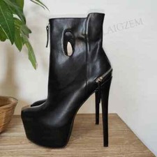 Women Ankle Boots Platform Faux Leather Zip Up Thin High Heels Short Booties Sho