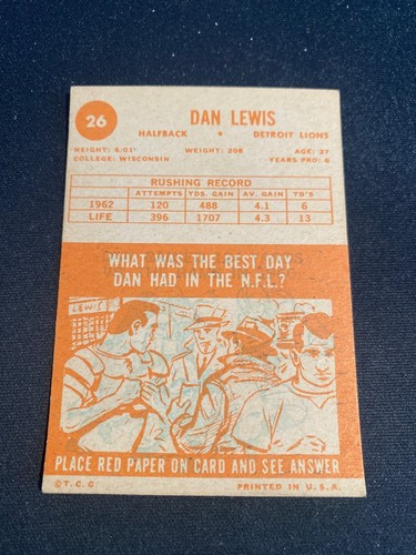 1963 TOPPS FOOTBALL #26 DAN LEWIS!! $1 SHIPPING!! - Picture 2 of 2