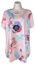 Women Size M Pink Floral Print Short Sleeve Top V Neck Criss Cross Casual