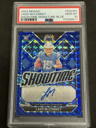 2024 Panini Mosaic Ladd McConkey Rookie Showtime Signature Blue Auto /99 PSA 10
