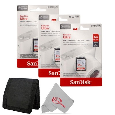 3x SanDisk 64GB Ultra SDXC UHS-I Memory Card - Up to 140MB/s SD + Card Wallet
