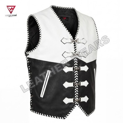 Men s Buffalo Leather Biker Vest   Black & White Braided Motorcycle Waistcoat