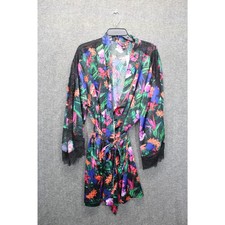 Victoria's Secret Black Tropical Floral Lace Kimono Satin Luxe Robe Size M/L NEW