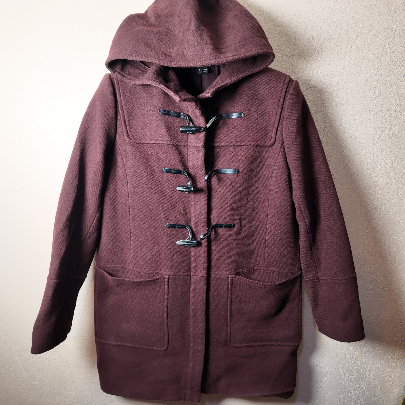 Theory Women's Burgundy Wool Cashmere Blend Duffle Coat Toggle Hooded Size L