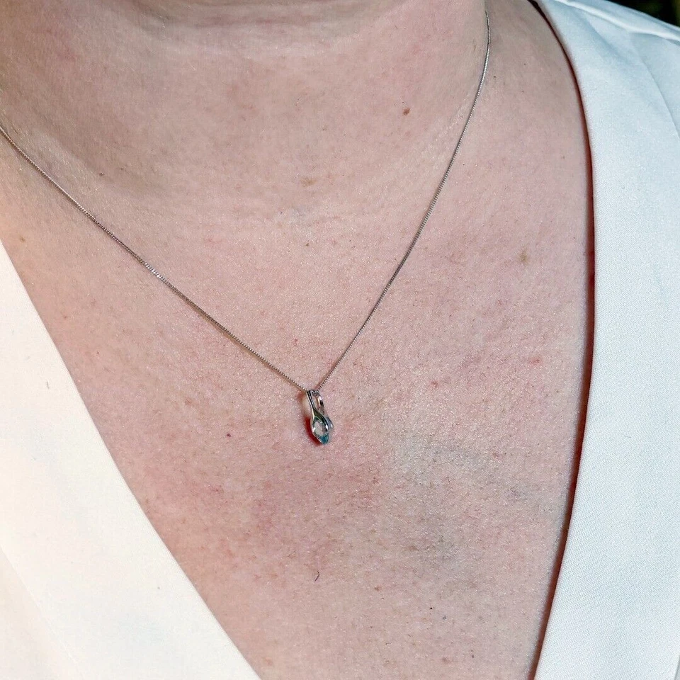 9ct White Gold Aquamarine Necklace Minimalist Marquise Blue Natural Gift - Image 3 of 4