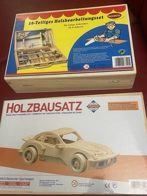 Holzbearbeitungsset, Holzbauset Im Holzlöffel und Holzauto Bau Set Neuwertig