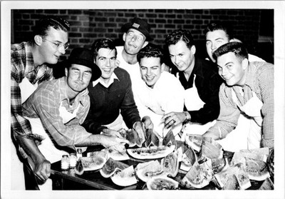 Group Of Men Posing With A Lot Of Cut Up Watermelon B+W Found Photo V2707