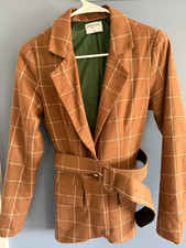 Womens Plaid Belted Blazer XXS Brown Windowpane Tailored Jacket PWR WMN