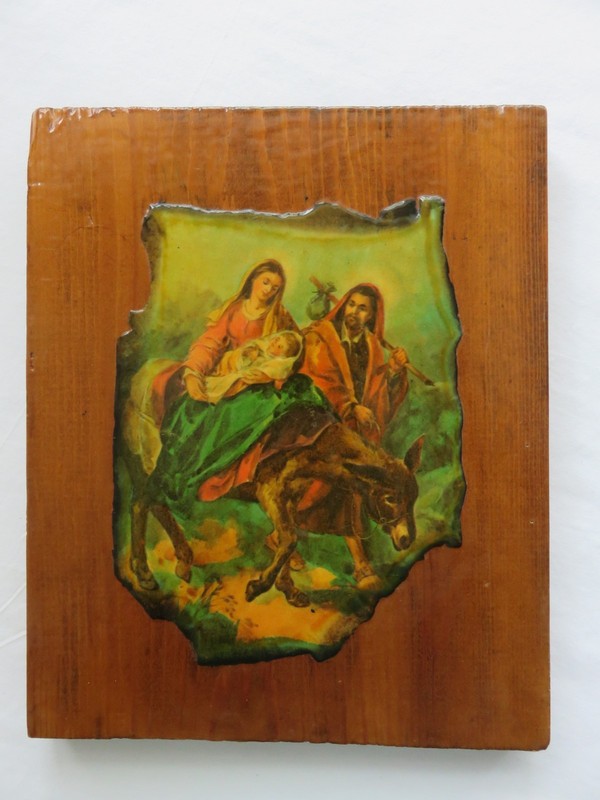 Vintage Decoupage Mary, Joseph and Baby Jesus on Donkey Plaque Handmade