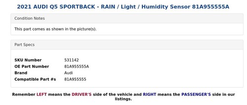 AUDI Q5 SPORTBACK 2021 - Sensor de lluvia/luz/humedad 81A955555A - Imagen 4 de 5