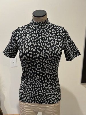 Michael Kors Black Shimmer Animal Print Mock Neck Short Sleeve Top Size S