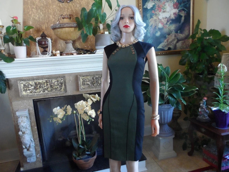 Vestido Vaina Jason Wu Negro/Verde Militar Acolchado Colección Otoño 2012 Talla 0 Foto 3 de 4