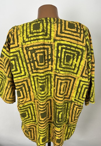 Handmade Geometric Print Tunic Shirt ONE SIZE Yellow 3/4 Sleeve African Art Boho - Picture 8 of 10