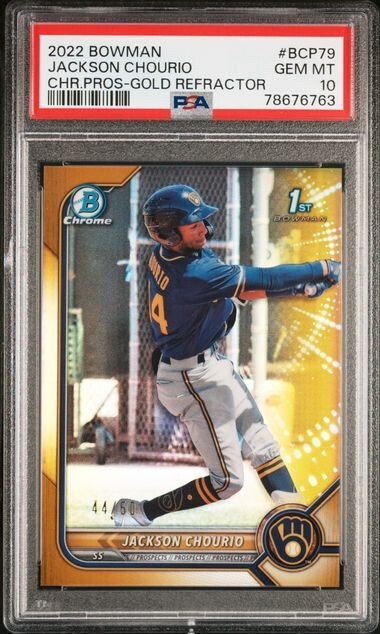 2022 Bowman Chrome Jackson Chourio #BCP79 1st Gold Refractor #44/50 PSA 10