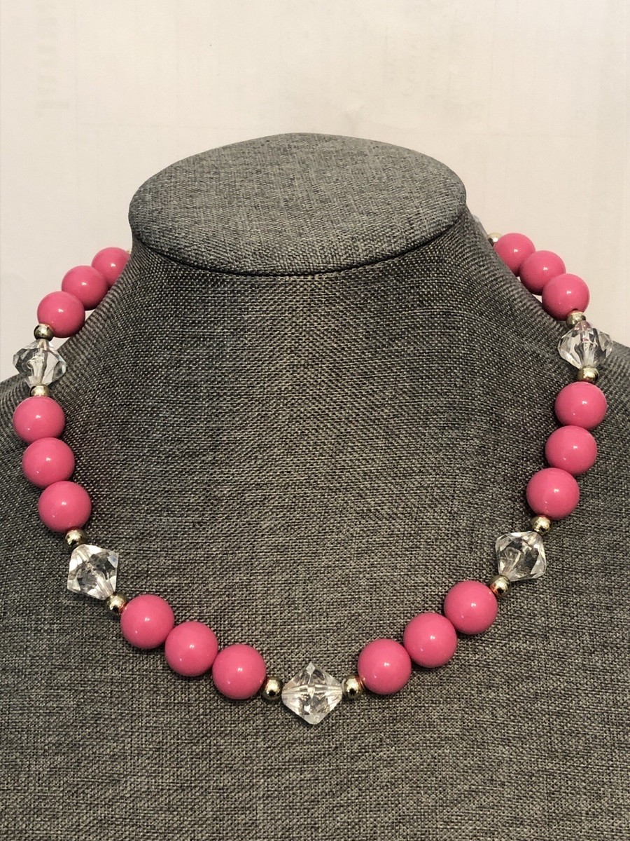 Vintage single strand pink beaded necklace with clear beads, gold
