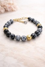 Snowflake Obsidian Bracelet 6mm Beads Gold Tone Adjustable 17cm Gift Box