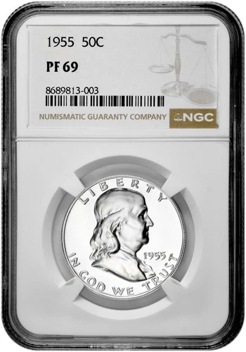 1955 50C Proof Silver Franklin Half Dollar NGC Graded PF 69 in New Holder