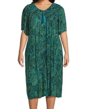 NWT GO SOFTLY PATIO 1X Teal Paisley Zip Front V-Neck Crinkle Patio Dress