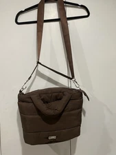 Wilo The Label Puffer Tote Bag Brown Detachable Strap Zip Top Polyester 14x9x5