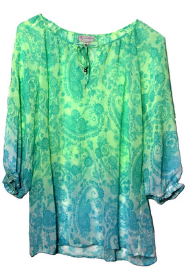 DB ESTABLISHED 1962 TUNIC BLOUSE ladies size 1X green blue paisley long sleeve