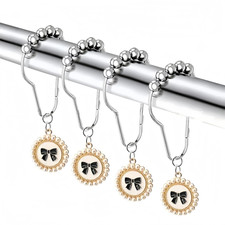 12Pcs Bow Shower Curtain Hooks Rings, Zinc Alloy Bow with Resin Pearl Pendant Ho