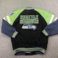 Seattle Seahawks Jacket Mens Large Black Green Suede Leather Embroidered Bomber