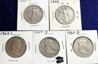 Lot of 5 mixed all different Walking & Franklin Silver Half Dollars