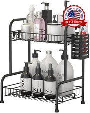 Organizador bano encimera 2 niveles metal negro con ganchos cesta especiero