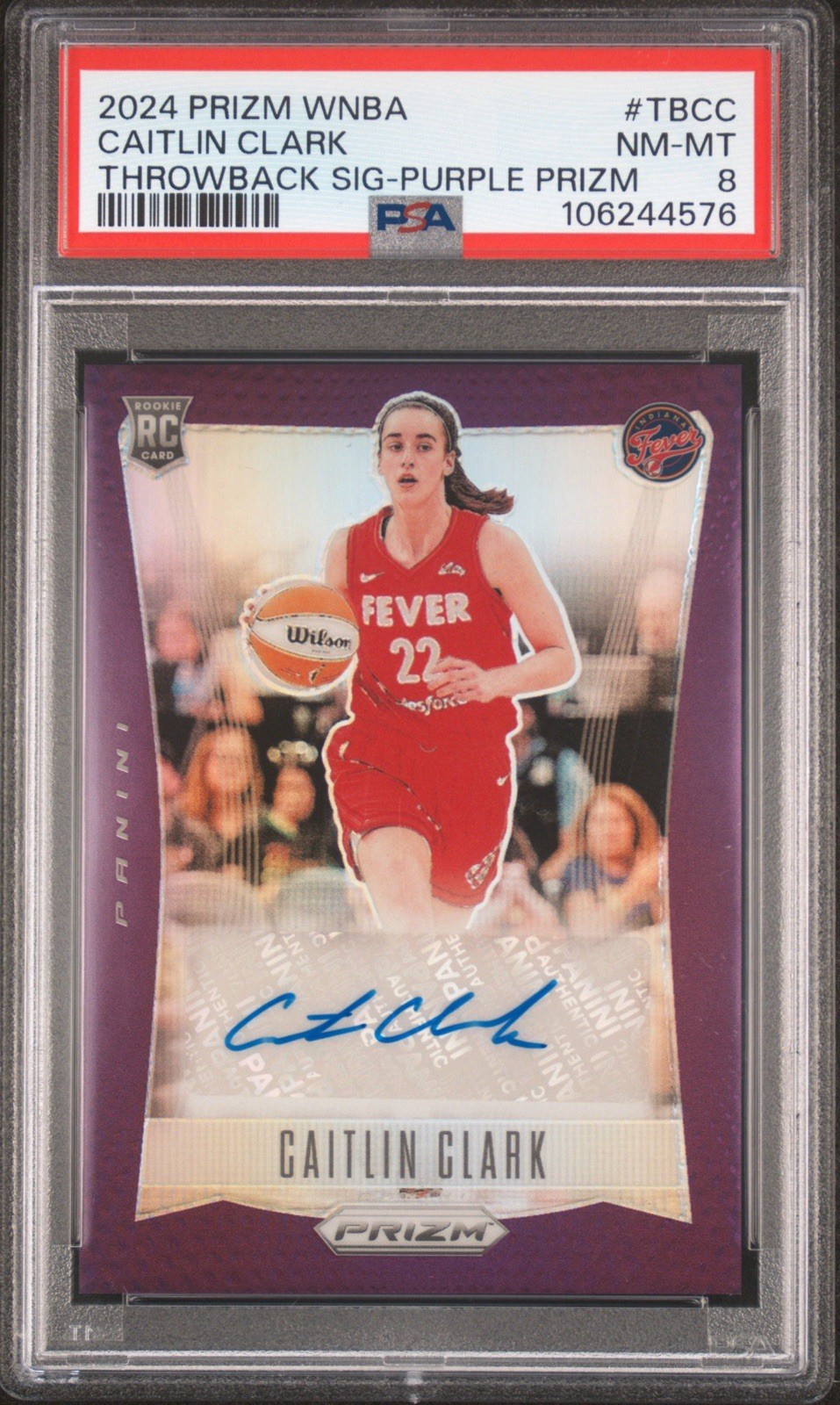 Caitlin Clark 2024 Panini Prizm WNBA Throwback Auto Purple /49 Rookie RC PSA 8