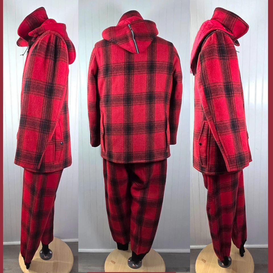 Foremost 1950s Red Buffalo Plaid Wool Hunting Coat & Pants W/Suspenders Mens L - Image 3 of 4