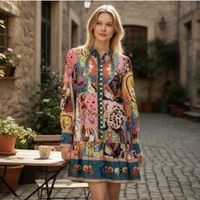 Trendy Boho chic mini dress Sz Small Novelty All-Over Fantasy Print Flounce Hem