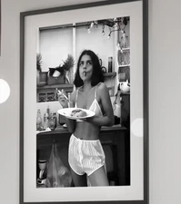 Woman Eating Spaghetti Poster, Black and White, Pasta Print, Kitchen Wall Art