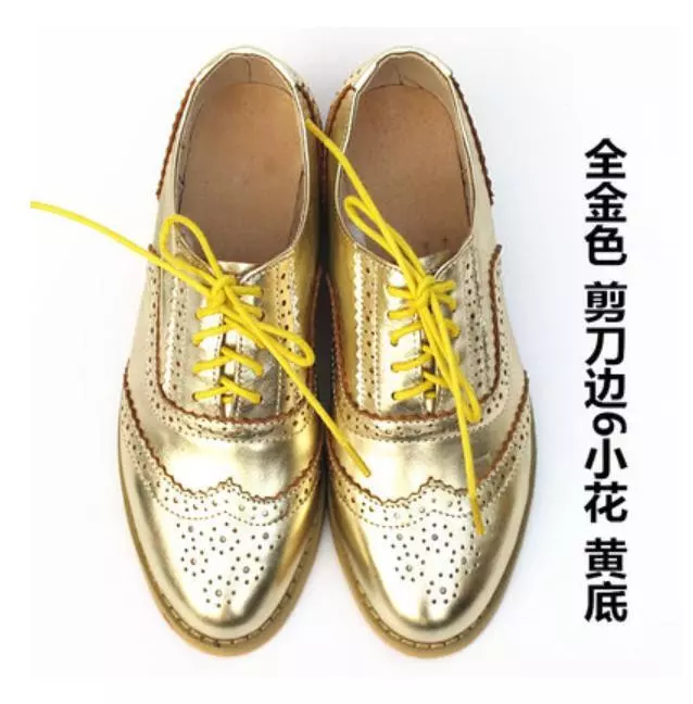 女士拼接布洛克雕刻系带圆头翼尖休闲浅口鞋 — 第 2/4 张图片