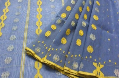 Pure Bangladeshi Grey (Blauton) with Yellow & Silver Zari Jamdani Saree