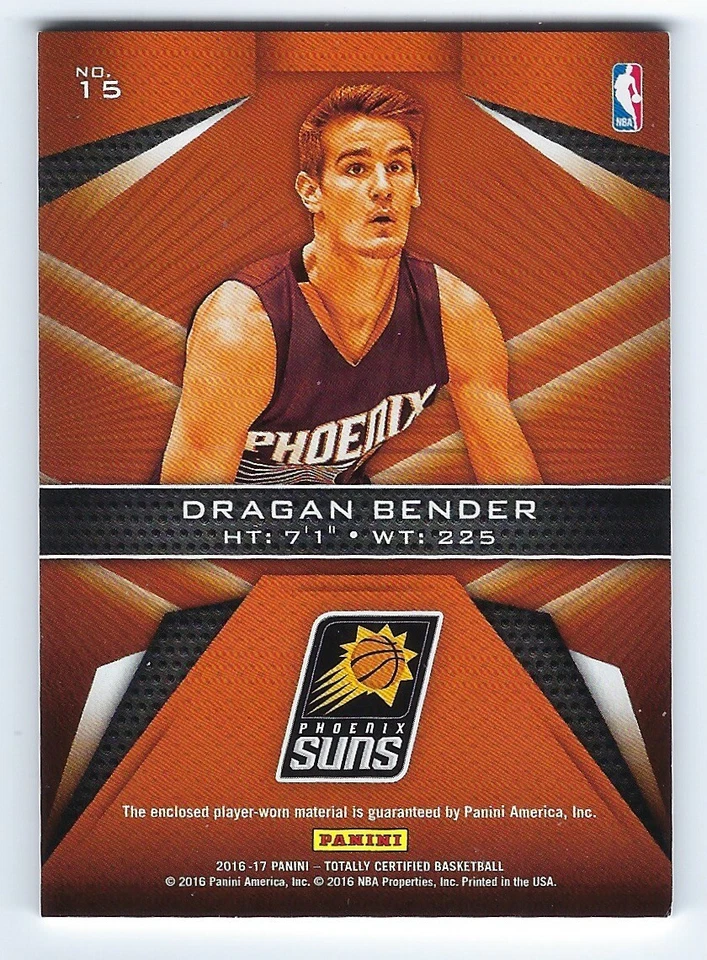 2016-17 Totally Certified Fabric Rookie Jerseys GOLD #15 DRAGAN BENDER Suns /10 - Image 2 of 3