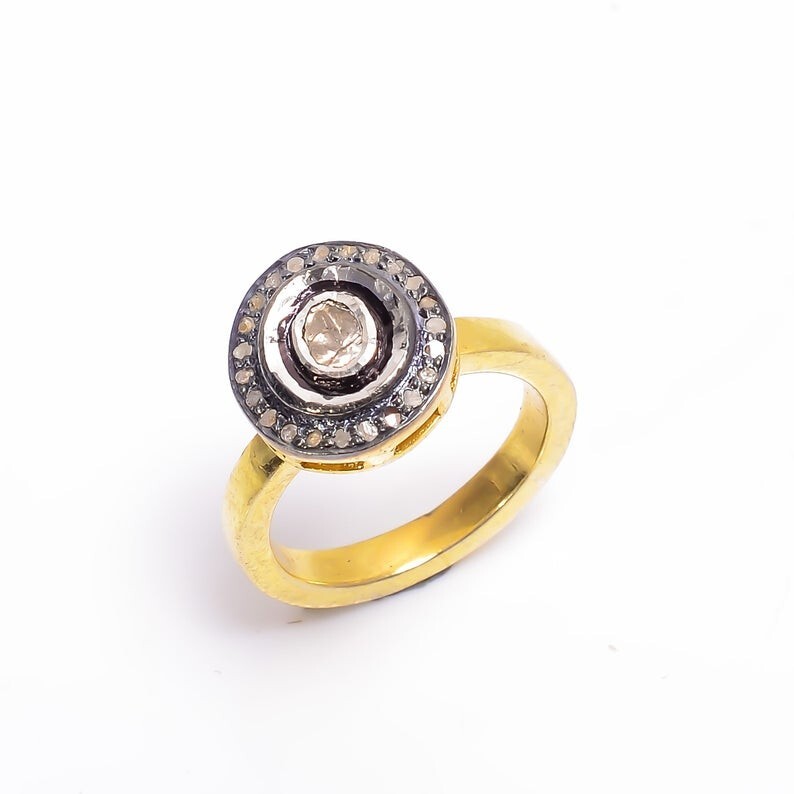 Polki Diamond Victorian Engagement Ring in 925 Sterling Silver for Women