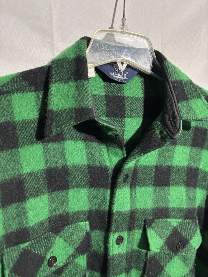 Vintage 70s Woolrich Sz M Wool Green Black Plaid Jacket Shirt USA - Image 2 of 4