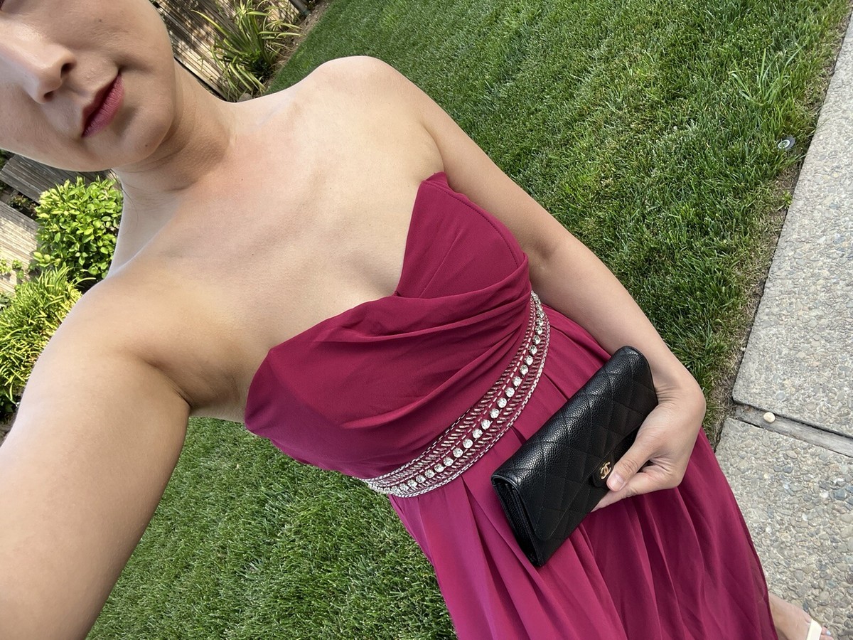 tfnc burgundy dress Kelsey | Burgundy Asymmetric-Neck Maxi Dress With Ruched Detailing main image 1