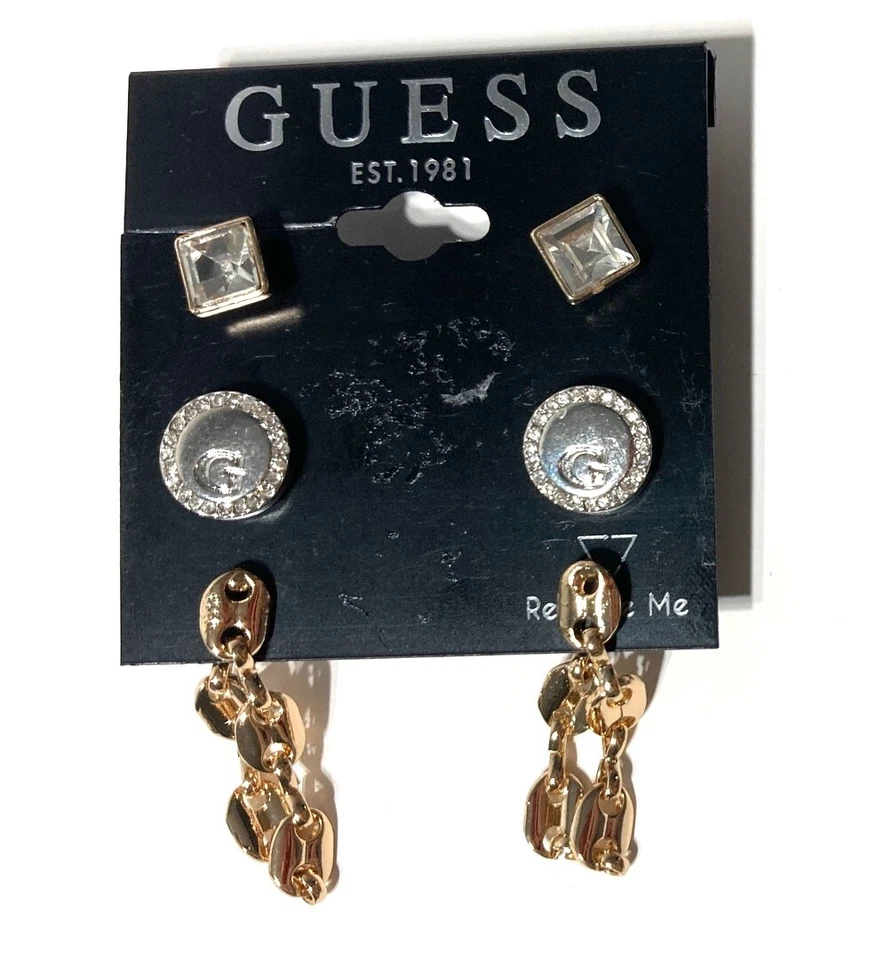 JUEGO DE 3 PENDIENTES DE ARO Y TACHUELAS DE CRISTAL TONO PLATA DORADO GUESS NUEVOS CON ETIQUETAS Foto 2 de 4