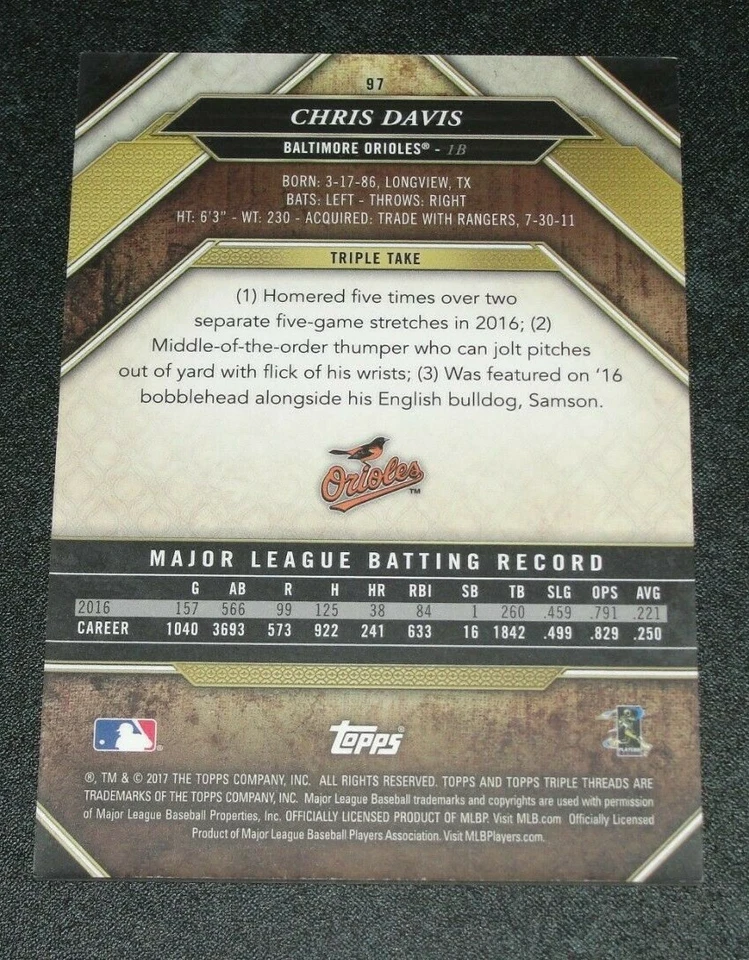 2017 Topps Triple Threads CHRIS DAVIS #97 Sapphire Variant/25 Baltimore ORIOLES - Image 2 of 2