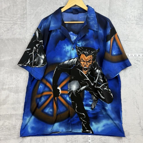 Vintage Wolverine X-Men Button-Up Shirt Blue Flame Comic Big Graphic Size XL Y2K