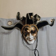 Venetian Jester Masquerade Mask Black Gold Velvet Wall Decor Costume Carnival