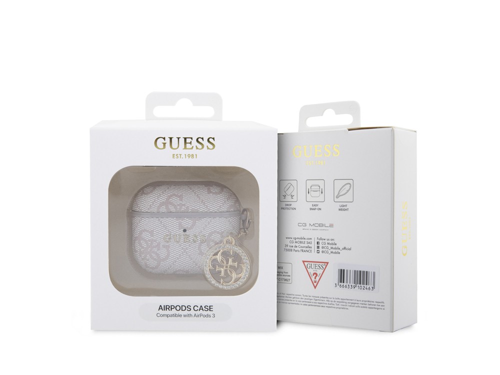 Coque AirPods 3 Guess 4G Script avec charm strass doré