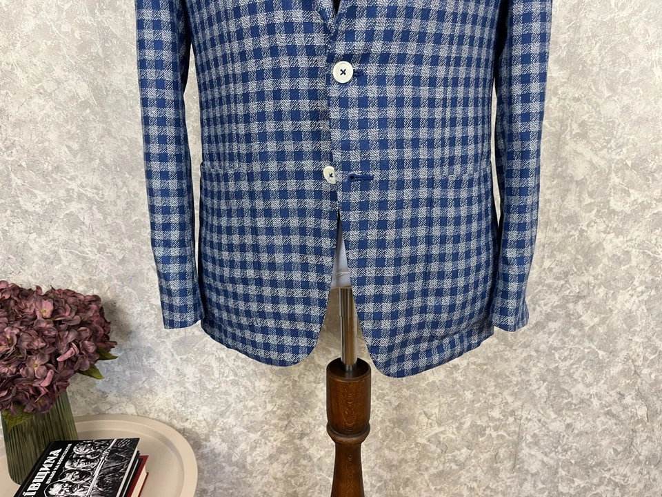 Isaia Napoli Blue White Check 100% Silk Half Lined Handmade Italian Blazer 40 - Image 3 of 4