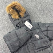 U.S. Polo Assn Puffer Jacket 5/6 Gray Plaid Faux Fur Hooded Coat NWT Kids