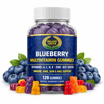 Organic Greek Blueberry Multivitamin Gummies Immune Hair Skin Nail Support